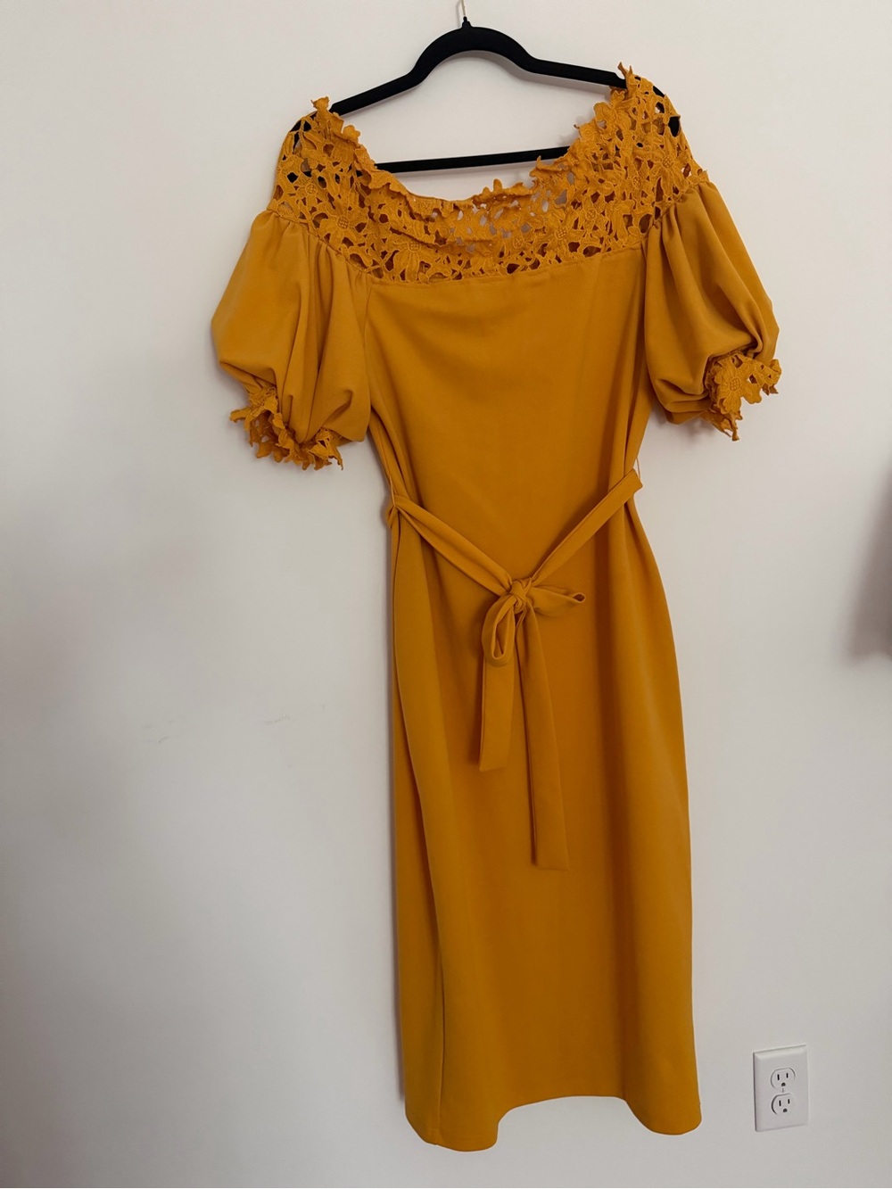 Mustard‎ Off-Shoulder Midi Dress with Crochet Trim and Tie Waist
